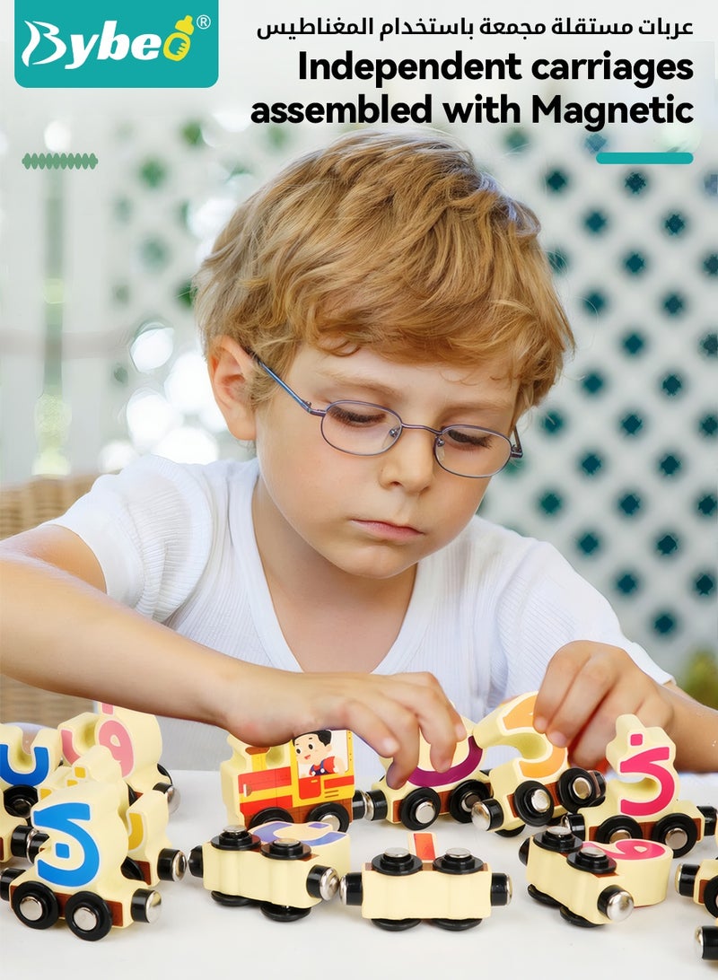 بيبو مجموعة ألعاب قطار مغناطيسي بالحروف العربية + لوحة ألغاز خشبية، لعبة تعليمية مونتيسوري للأطفال لتعلم تهجئة الكلمات والحروف، هدية تعليمية للأطفال الصغار. - Image 3